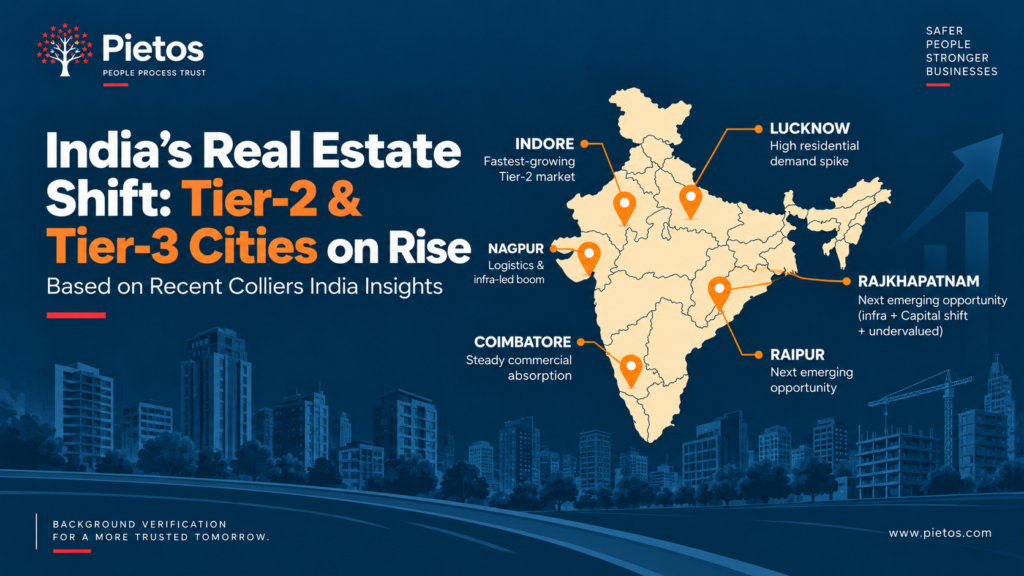 Pietos infographic showing India’s Tier-2 and Tier-3 cities on the rise, with a map highlighting Indore, Lucknow, Nagpur, Rajkhapatnam, Coimbatore, and Raipur alongside real estate growth insights.
