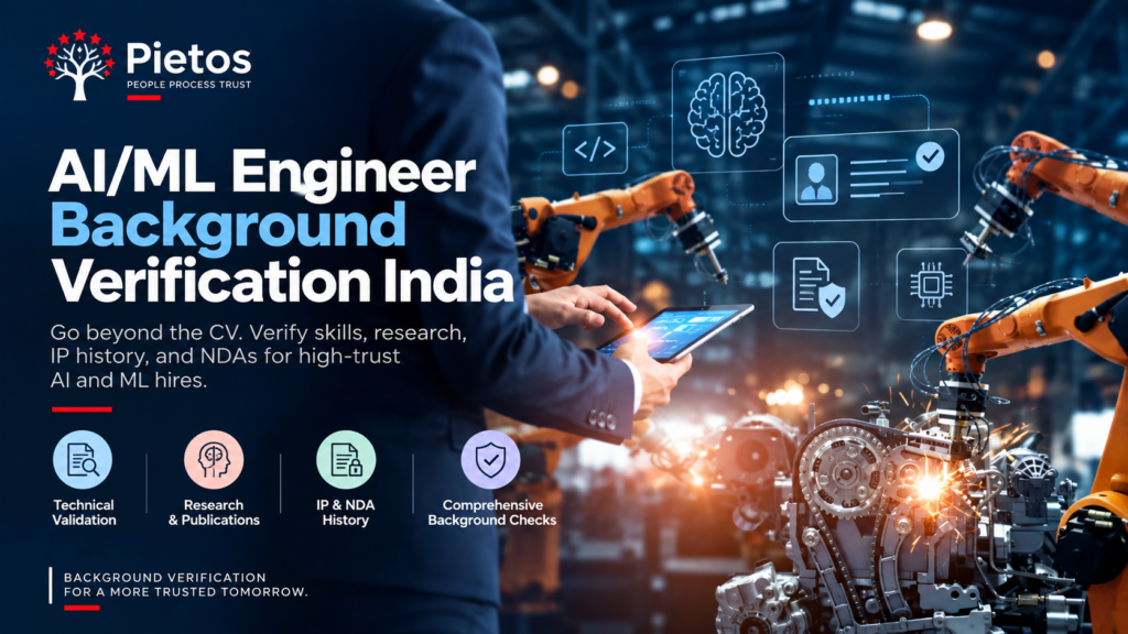 AI/ML engineer background verification in India, showing a professional working with industrial robots and highlighting technical validation, research, IP and NDA history, and comprehensive background checks.