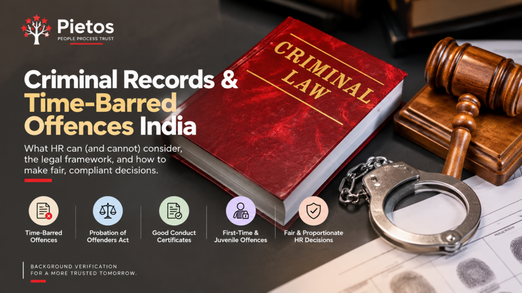 Pietos blog banner explaining criminal records and time-barred offences in India, featuring a Criminal Law book, gavel, handcuffs, fingerprint records, and HR compliance considerations.