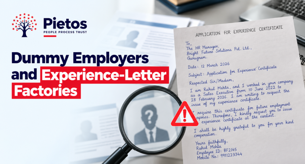 Pietos banner highlighting dummy employers and experience-letter factories, featuring a sample handwritten experience certificate and a magnifying glass to illustrate employment fraud detection and background verification.