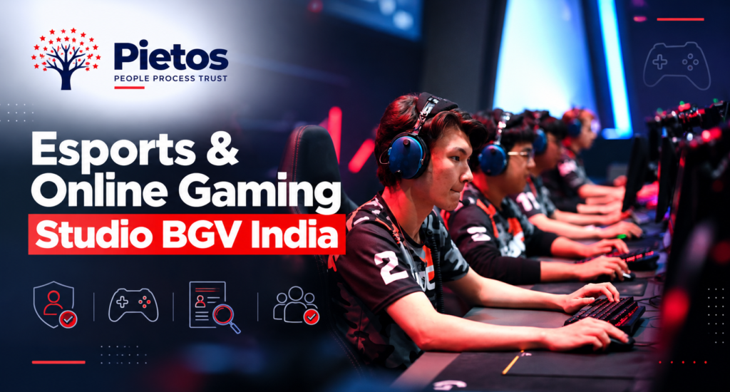 Pietos banner for esports and online gaming studio background verification in India, featuring professional esports players at gaming computers with icons representing identity verification, employee screening, and secure hiring.