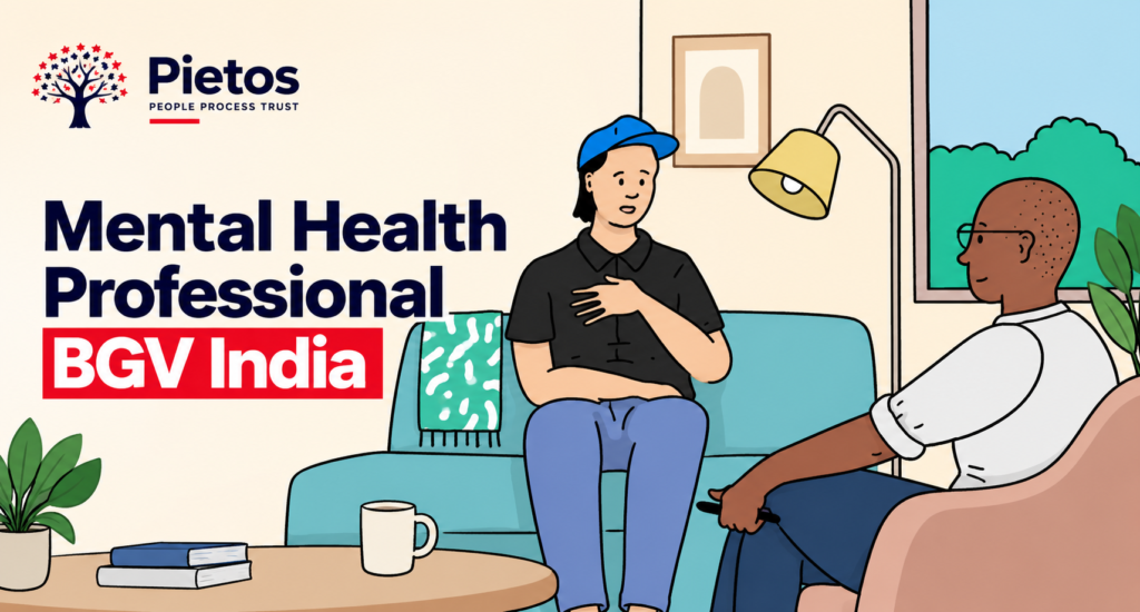 Pietos banner featuring a mental health professional in a counseling session with a client, highlighting mental health professional background verification in India.