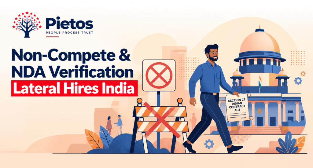 Pietos banner on non-compete and NDA verification for lateral hires in India, featuring a professional holding a Section 27 Indian Contract Act document near a courthouse, illustrating employment contract compliance and restrictions on non-compete agreements.