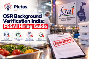 QSR background verification in India featuring an FSSAI food business licence marked “Suspended,” a commercial food preparation facility, and food safety compliance checks, illustrating the importance of employee background verification for quick-service restaurants.