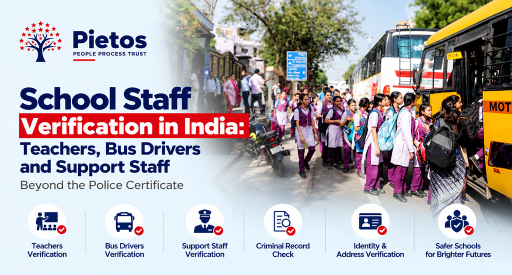 Alt text: Pietos school staff background verification in India, highlighting screening for teachers, bus drivers and support staff, including criminal record, identity and address verification to promote safer schools.