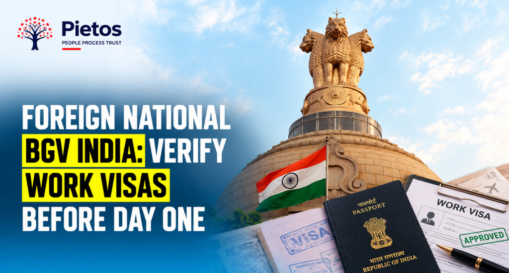 `Pietos banner for foreign national BGV in India, featuring the Indian Parliament emblem, Indian flag, passport, work visa, and headline about verifying work visas before day one.